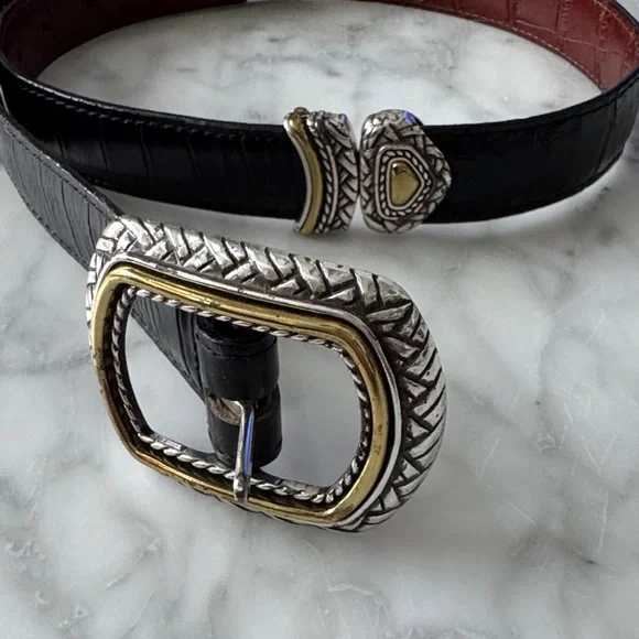 🌼BRIGHTON🌼 Marcus Mixed Metal Reversible Black and Brown Leather Belt, Size M 30 - Picture 3 of 16